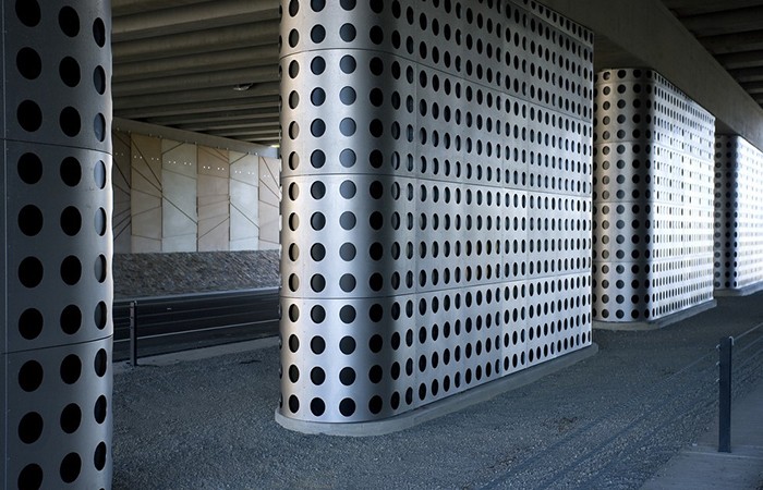 Material used: 1.2mm 6WL – 2B (304). The holes were laser cut into the sheets after texturing and overlayed over Night Sky (colour) Colorbond. The Job was sold by Neil Lyons of Fagersta Melbourne and was fabricated by Fab Metal.